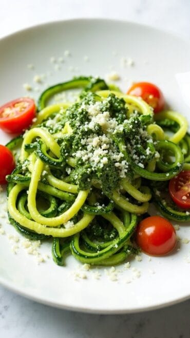zucchini noodles topped with pesto